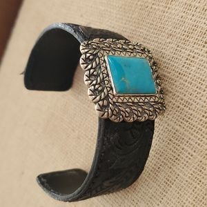 Sterling leather and turquoise cuff bracelet